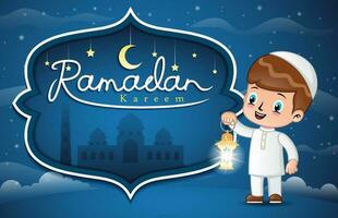 süß Muslim Kinder halten Laterne beim Ramadan Nacht auf Dekoration Moschee Rahmen Hintergrund vektor