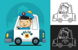 vektor illustration av tecknad serie liten pojke i polis enhetlig på polis bil