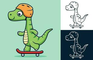 vektor illustration av rolig dinosaurie tecknad serie bär hjälm spelar skateboard