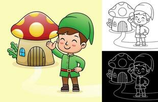 Vektor Karikatur von Junge im Elf Kostüm mit Pilz Haus. Färbung Buch oder Seite