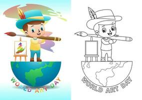 barn målare tecknad serie innehav stor borsta med duk stående på halv klot vektor