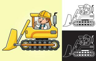 vektor tecknad serie av liten pojke på konstruktion fordon