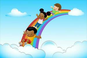 Karikatur von Kinder gleiten auf Regenbogen im das Himmel vektor