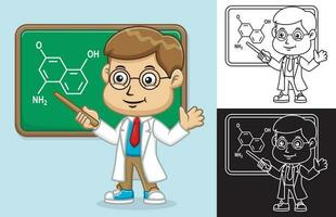 Vektor Illustration von Karikatur Wissenschaftler Junge im Labor Mantel mit Tafel im Klassenzimmer