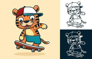 vektor illustration av tecknad serie rolig tiger bär hatt spelar skateboard