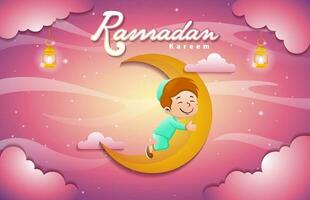 süß Karikatur Muslim Kinder auf Halbmond Mond beim Ramadan Monat vektor