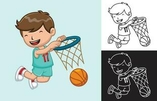 vektor illustration av tecknad serie unge pojke spelar basketboll