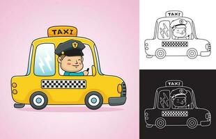 Vektor Karikatur von Gelb Taxi mit komisch Treiber