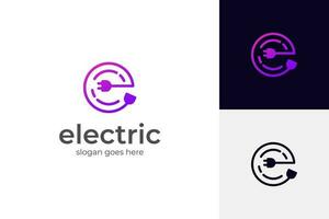 abstrakt brev e elektricitet linje logotyp design, första brev e och plugg kombination med lutning Färg design begrepp logotyp element, tecken, symbol, vektor illustration
