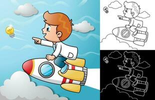 Vektor Illustration von wenig Wissenschaftler Karikatur Reiten auf Rakete jagen fliegend Birne im das Himmel
