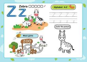 Alphabet Brief Z-Zebra Übung mit Karikatur Wortschatz Illustration, Vektor