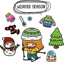 illustration isolerat uppsättning tecknad serie vinter- säsong med unge flicka vektor