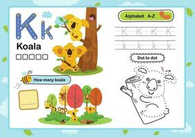 alfabetet bokstaven k-koala övning med tecknad ordförråd illustration, vektor