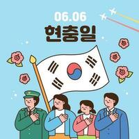 Süd Korea Denkmal Tag. Juni 6. Koreanisch Flagge Hintergrund und Menschen erziehen ihr Hände auf ihr Truhe und bezahlen Tribut. vektor