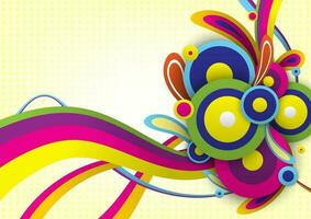 abstrakt färgrik bakgrund med kopia Plats för text. vektor illustration av cirkel, Vinka och blommig former på gul lutning bakgrund