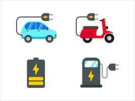 uppsättning av elektrisk fordon ikoner med platt stil isolerat på vit bakgrund. elektrisk bil och skoter vektor illustrationer