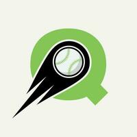 Buchstabe q Baseball-Logo-Konzept mit beweglicher Baseball-Symbol-Vektorvorlage vektor