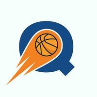 brev q basketboll logotyp begrepp med rör på sig basketboll ikon. korg boll logotyp symbol vektor
