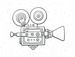 Gliederung retro Kino Beamer. Jahrgang Film Kamera. alt gestaltet Film Kamera. Symbol von das Film Industrie. Vektor Illustration. Hand gezeichnet schwarz Tinte skizzieren, isoliert auf Weiß Hintergrund