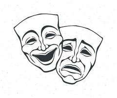 zwei theatralisch Komödie und Theater Maske. Umriss. bipolar Störung Symbol. positiv und Negativ Emotion. Film und Theater Industrie. Vektor Illustration. Hand gezeichnet skizzieren. isoliert Weiß Hintergrund