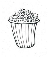 tecknad serie hink full av popcorn. översikt. randig papper kopp med skräp mellanmål. symbol av de filma industri och snabb mat. vektor illustration. hand dragen skiss. isolerat vit bakgrund