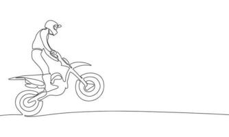 motorcyklist Hoppar på en motorcykel. kontinuerlig linje ett teckning. vektor illustration. enkel linje illustration.