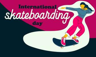 Poster von das International Skateboarding Tag. ein Mädchen Fahrten ein Skateboard auf ein Rosa und Blau Hintergrund. Skateboard Tricks, Skateboard fahren, Springen. Banner mit hell Menschen zum das Urlaub auf Juni 21 vektor