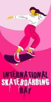 Poster von das International Skateboarding Tag. ein Mädchen Fahrten ein Skateboard auf ein Rosa Hintergrund. Skateboard Tricks, Skateboard fahren, Springen. Banner mit hell Menschen zum das Urlaub auf Juni 21 vektor