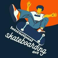 affisch internationell skateboard dag. en kille med en skateboard utför en hoppa på en blå bakgrund. skateboard knep, skridskoåkning, Hoppar. baner med ljus människor för de Semester på juni 21 vektor