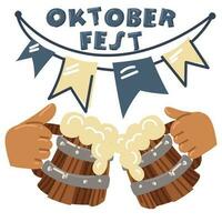 händer innehav trä- muggar med skummig öl under de inskrift oktoberfest och flaggor. fira ett utomhus- fest. isolerat vektor illustration av öl drickare på en vit bakgrund. hälsningar