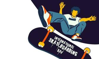 Poster International Skateboarding Tag. ein Kerl mit ein Skateboard führt aus ein springen auf ein Blau und Weiß Hintergrund. Skateboard Tricks, skaten, Springen. Banner mit hell Menschen zum das Urlaub auf Juni vektor