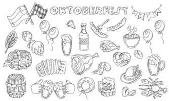 oktoberfest uppsättning - grillad korv, korv på en gaffel, en glas av öl, en kan av öl, en tysk flagga, en mjuk pretzel, en hatt, en trä- tunna markerad i vit. kontur illustration, färg vektor