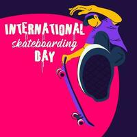 Poster International Skateboarding Tag. ein Kerl mit ein Skateboard führt aus ein springen auf ein Rosa, lila Hintergrund. Skateboard Tricks, skaten, Springen. Banner mit hell Menschen zum das Urlaub auf Juni 21 vektor