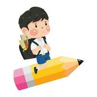 Kind Junge Schüler fliegend mit Bleistift vektor