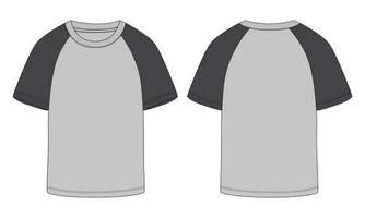 kurzärmliges raglan-t-shirt technische mode flache skizzenvektorillustrationsschablonenvorder-, rückansichten vektor