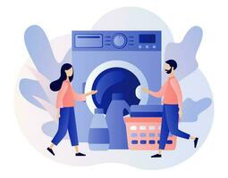tvätt service. tvättomat, Hem apparat, hushållning begrepp. mycket liten människor tvätt i tvättning maskin. modern platt tecknad serie stil. vektor illustration på vit bakgrund