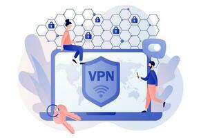 vpn Bedienung auf Laptop. virtuell Privat Netzwerk Konzept. Cyber Sicherheit, sichern Netz Verkehr, Daten Schutz, Fernbedienung Server. modern eben Karikatur Stil. Vektor Illustration auf Weiß Hintergrund