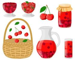 ein einstellen von Kirschen. Sommer- Kompott im ein Karaffe, Glas, Krug. Trinken und Marmelade von hausgemacht Früchte. Beeren zum ein gesund trinken. das Konzept von gesund Essen. Korbweide Korb. Vektor Illustration.