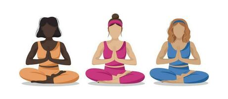 Sport Mannschaft von gesichtslos Frauen Sitzung im Lotus Yoga Asana Pose. mental Gesundheit, Emotionen Steuerung und persönlich Harmonie Konzept. Zeit zum du selbst. Vektor eben Illustration im Karikatur Stil.