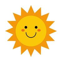 Vektor süß Sonne mit Gesicht. komisch lächelnd Sonne im eben Design. kindisch Sonnenschein Emoji. Baby Sonne mit Scharf Dreieck Sonnenstrahlen. Kinder Clip Art.