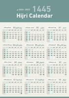 Hijri islamisch Kalender 1445. von 2023 bis 2024 Vektor Feier Vorlage mit Woche beginnend auf Sonntag auf einfach hintergrund.flach minimal Schreibtisch .bereit zum print.hijri Kalender .