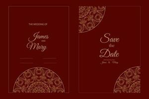modern Luxus Hochzeit Einladung Design oder Karte Vorlagen zum Geschäft oder Präsentation oder Gruß mit golden Blätter auf ein rot Hintergrund vektor