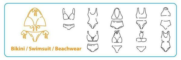 Badebekleidung Damen Kleidung Sammlung Abzeichen Vektor. Glanz Strand Anzug, Damen Bikini, Unterwäsche zum Baden, Damen Strandkleidung Konzept Linie Symbol Satz. Kontur Abbildungen Sommer. vektor