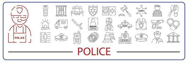 polis byggnad, bil, domstol och lag tillämpning tunn linje konst ikoner uppsättning. modern svart symboler isolerat på vit för infographics eller webb använda sig av. vektor