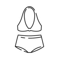 Badebekleidung Damen Kleidung Sammlung Abzeichen Vektor. Glanz Strand Anzug, Damen Bikini, Unterwäsche zum Baden, Damen Strandkleidung Konzept Linie Symbole. Kontur Illustration. Sommer. vektor