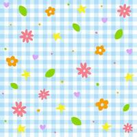 söt klotter blomma blommig ditsy blad stjärna mini hjärta konfetti stänk gnistra glans punkt Färg färgrik pastell blå gingham scott rutig pläd tartan sömlös mönster vår sommar bakgrund vektor