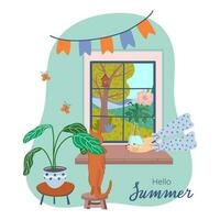 Sommer- Komposition mit Panorama- Fenster und Land Landschaft. Fensterbrett, Katze, Blumen, Baum und Gras. Hygge Innere Zimmer. eben Vektor Illustration.