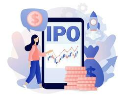 ipo Konzept. Initiale Öffentlichkeit Angebot. winzig Frau Investor investieren Lager Markt Anteile über Smartphone App. Unternehmen Wachstum. passiv Einkommen. Investition. modern eben Karikatur Stil. Vektor Illustration