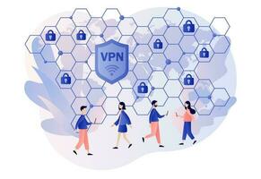 virtuell Privat Netzwerk. vpn Bedienung Konzept. Cyber Sicherheit, sichern Netz Verkehr, Daten Schutz, Fernbedienung Server. modern eben Karikatur Stil. Vektor Illustration auf Weiß Hintergrund