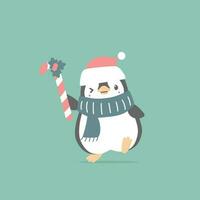 fröhlich Weihnachten und glücklich Neu Jahr mit Pinguin und Süßigkeiten Stock im das Winter Jahreszeit Grün Hintergrund, eben Vektor Illustration Karikatur Charakter Kostüm Design